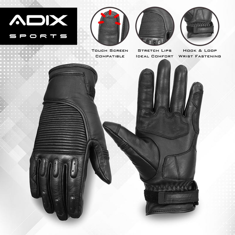 ADIX Sports - Classic Style Motorbike Motorcycle Gloves with Touch Screen capability for Men & Women Adjustable Hook & Loop Wrist Fastening